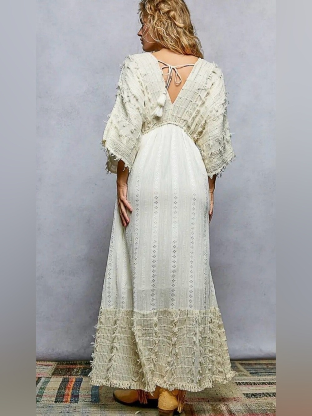 H058 New POL L ptp 17-20 Ivory Boho Maxi Dress with Tassel Tie Beautiful - Picture 3 of 16